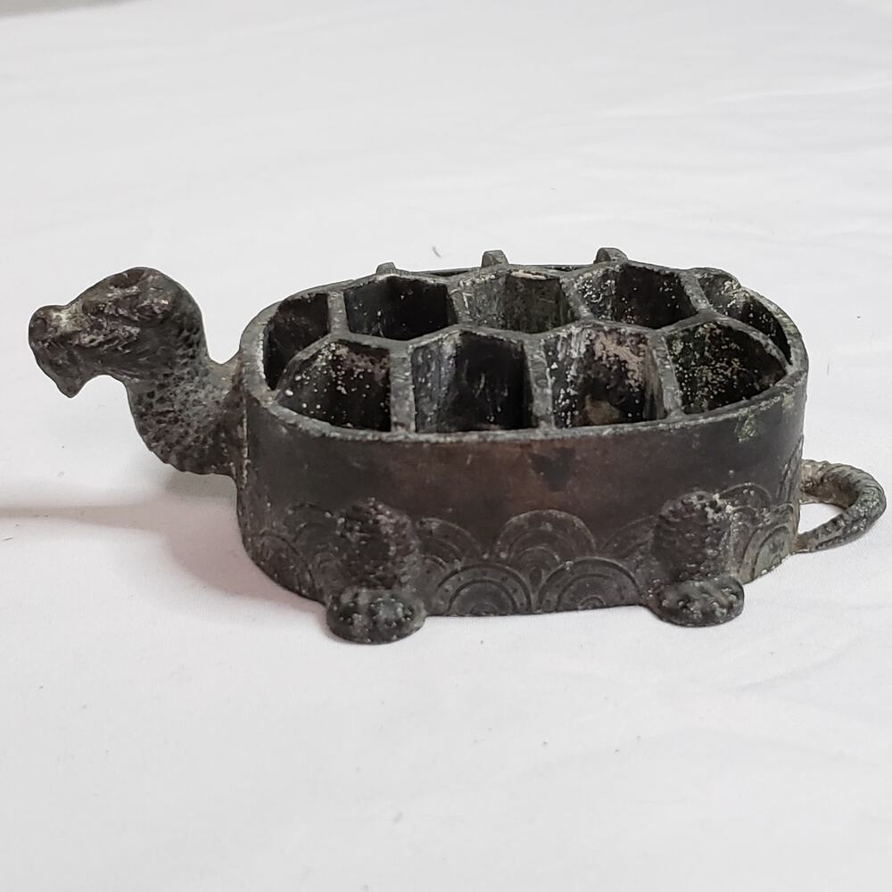 Antique Japanese Dragon Flower Turtle Bronze Tone Metal Decor Traditional